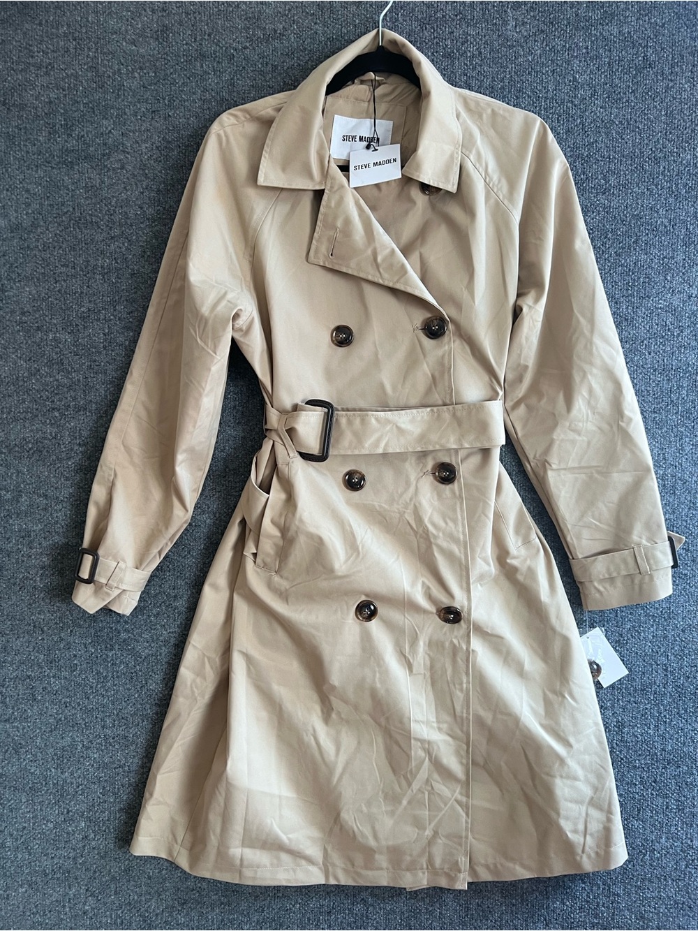 NWT Steve Madden Women’s M Khaki Double Breasted Classic Belted Trench Coat